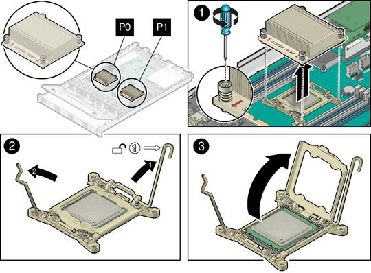 Figure showing how to remove the heatsink and open the processor ILM assembly. image:Figure showing how to remove the heatsink and open the processor ILM assembly.