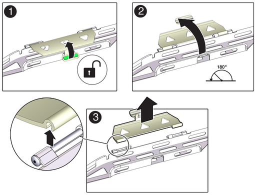 Figure showing how to remove the flat cable covers from the CMA. image:Figure showing how to remove the flat cable covers from the CMA.