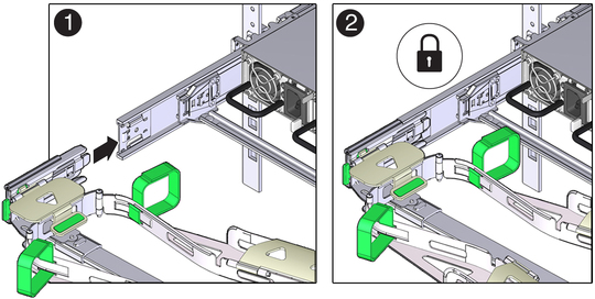 Figure showing how to install the CMA's connector D and its associated latching bracket into the left slide-rail. image:Figure showing how to install the CMA's connector D and its associated latching bracket into the left slide-rail.