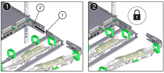 Figure showing how to install the CMA's connector B into the right slide-rail. image:Figure showing how to install the CMA's connector B into the right slide-rail.