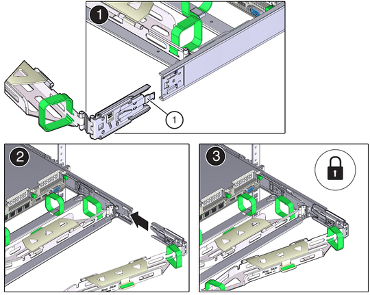Figure showing how to install the CMA's connector C into the right slide-rail. image:Figure showing how to install the CMA's connector C into the right slide-rail.