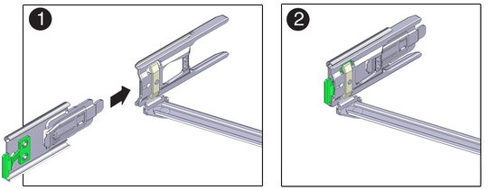 Figure showing how to align the CMA slide-rail latching bracket with connector D. image:Figure showing how to align the CMA slide-rail latching bracket with connector D.