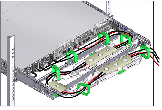 Figure showing CMA with cables installed, cable covers closed, and cables secured with Velcro straps. image:Figure showing CMA with cables installed, cable covers closed, and cables secured with Velcro straps.