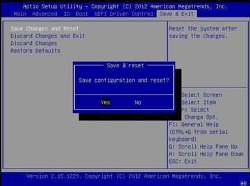 This figure shows the settings on the BIOS Save and Exit screen. image:This figure shows the settings on the BIOS Save and Exit screen.