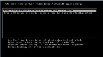 Graphic showing the GRUB Menu screen for the preinstalled Oracle VM. image:Graphic showing the GRUB Menu screen for the preinstalled Oracle VM.