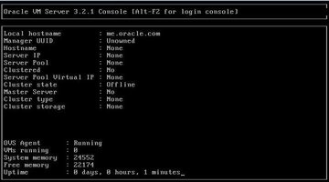 Graphic showing the preinstalled Oracle VM Server console session screen. image:Graphic showing the preinstalled Oracle VM Server console session screen.
