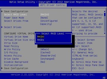 Screen showing the Select RAID Level dialog box. image:Screen showing the Select RAID Level dialog box.