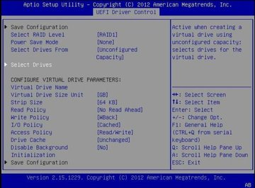 Screen showing the RAID Create Configuration menu with the Select Drives option selected. image:Screen showing the RAID Create Configuration menu with the Select Drives option selected.