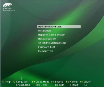 Initial SUSE Boot Options Screen image:Initial SUSE Boot Options Screen