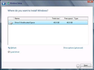 The Where do you want to install windows? screen. image:The Where do you want to install windows? screen.