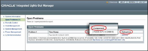 image:Screen shot showing the Oracle ILOM blade Open Problems screen.