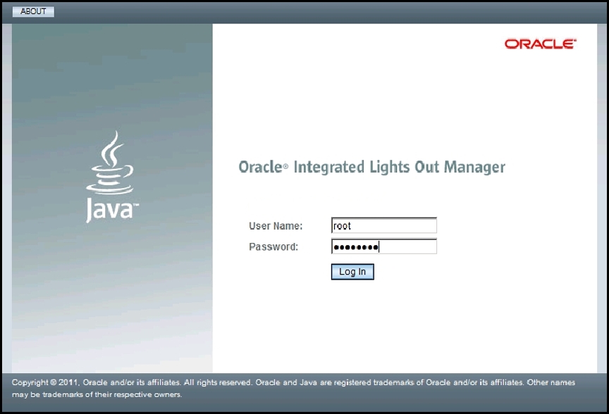 image:A screen capture showing the Oracle ILOM login screen.
