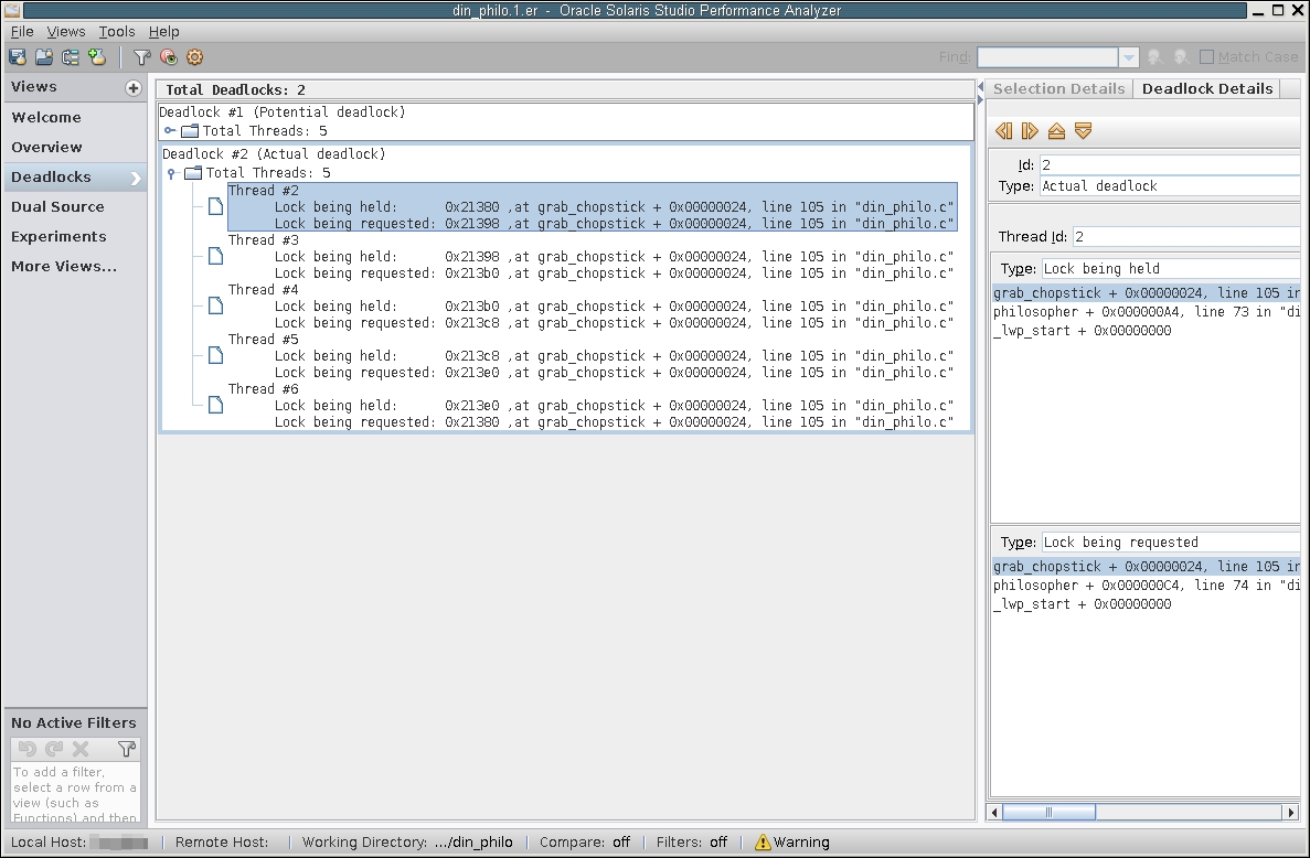 image:A screen shot of the Thread Analyzer's window, which shows an actual               deadlock.