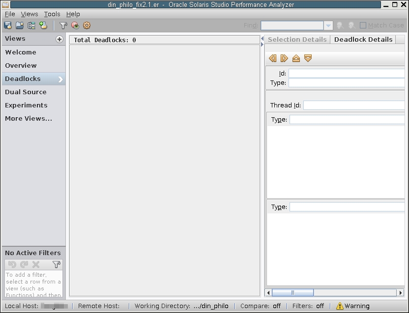 image:A screen shot of the Thread Analyzer window which shows no deadlocks.