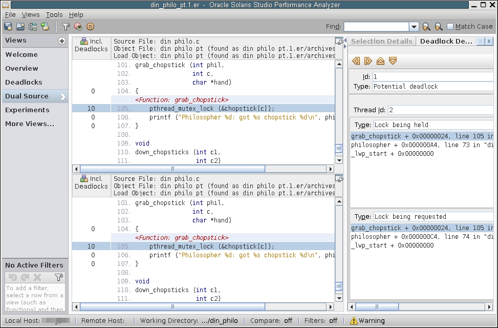 image:A screen shot of the Thread Analyzer window which shows a potential               deadlock.