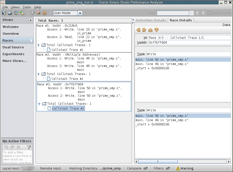image:A screen shot of the Thread Analyzer window showing the Race Details window with call stack traces for a data race in prime_omp.c
