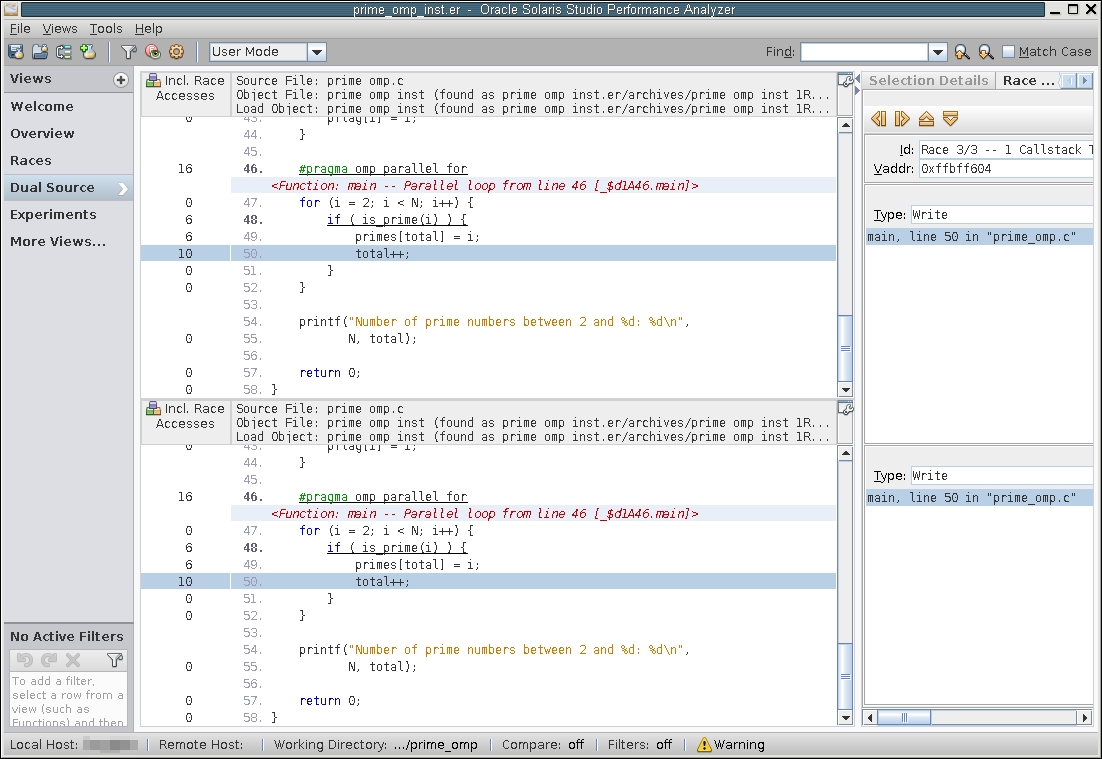 image:A screen shot of the Thread Analyzer window showing the Dual Sources view for a data race in prime_omp.c.