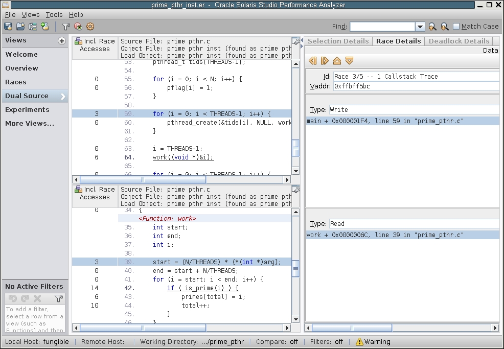 image:A screen shot of the Thread Analyzer window showing the Dual Source view.