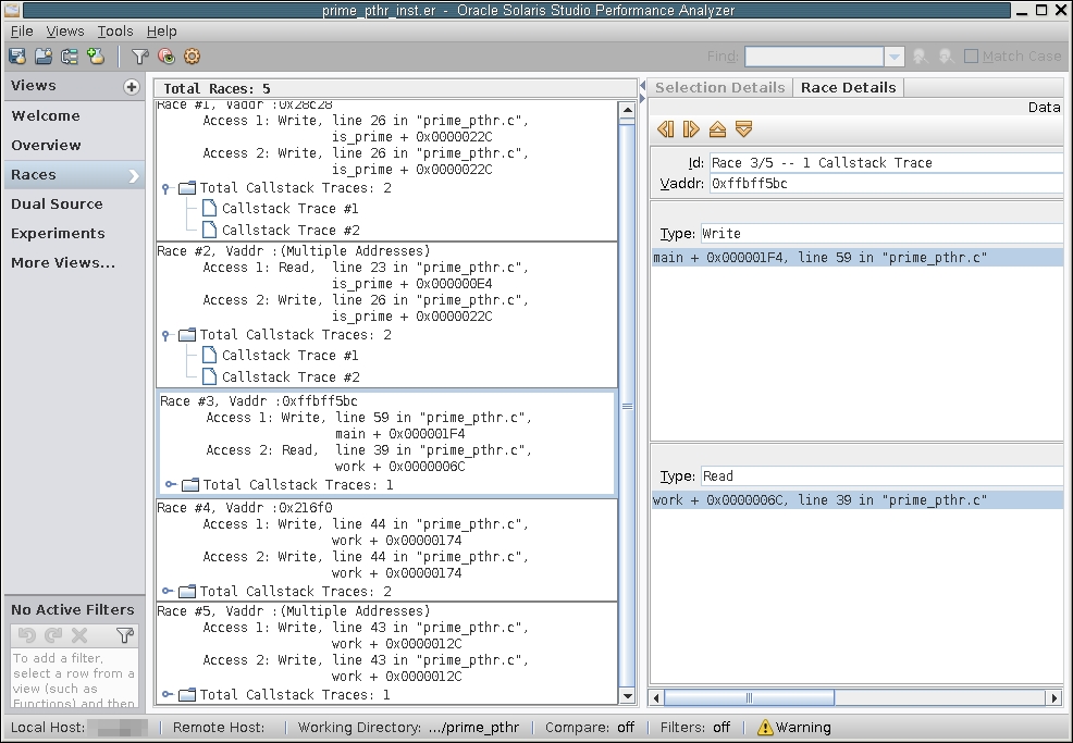 image:A screen shot of the Thread Analyzer window showing the Races view for prime_pthr.c