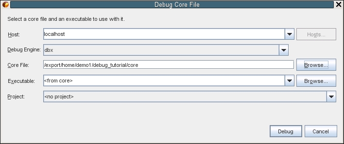 Debug Core file dialog box image:Debug Core file dialog box