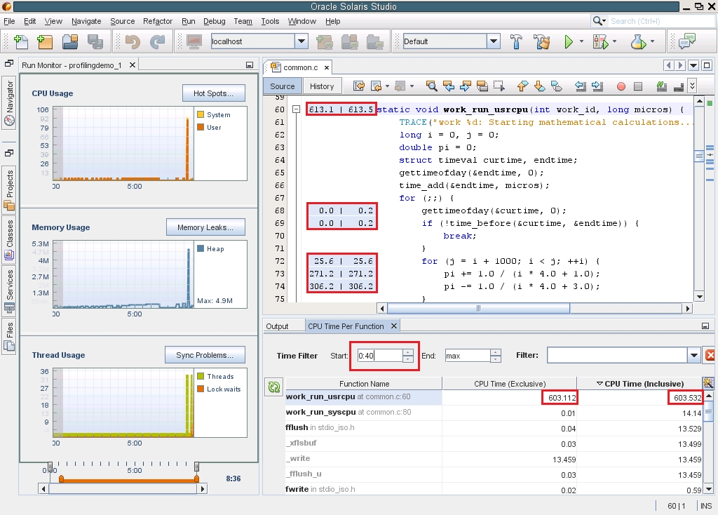 image:CPU Usage usage details of work_run_usrcpu function, with CPU                                 times and the Time Filter start time box outlined.