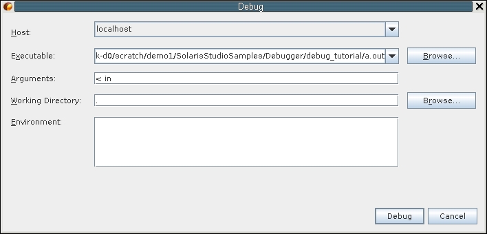 image:Debug dialog box for debugging executable