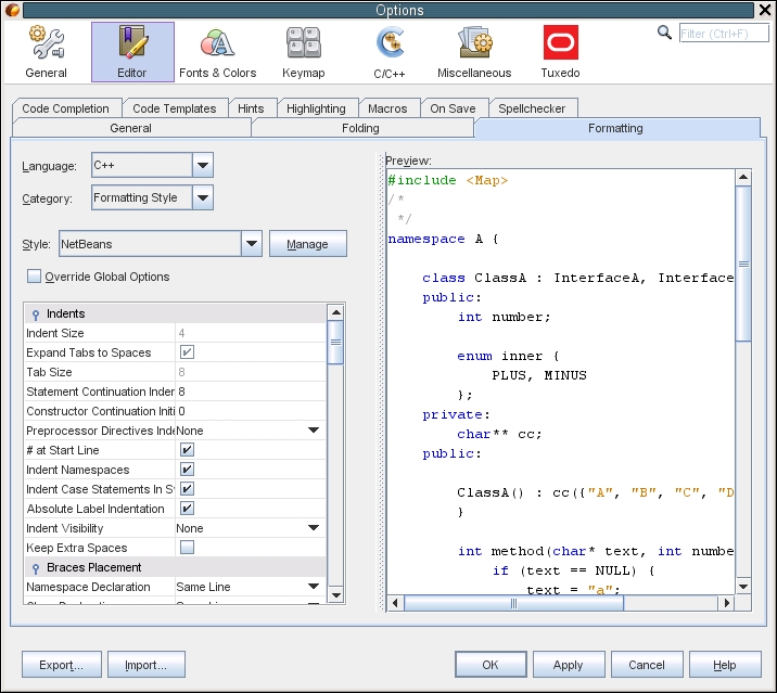 image:Formatting tab in Options dialog box