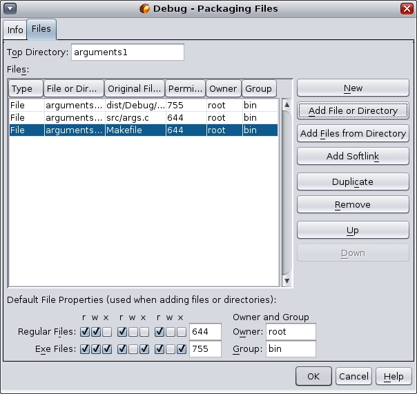 Packaging Files dialog box, Files tab image:Packaging Files dialog box, Files tab