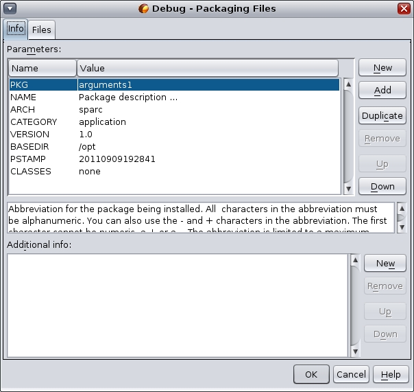Packaging Files dialog box, Info tab image:Packaging Files dialog box, Info tab