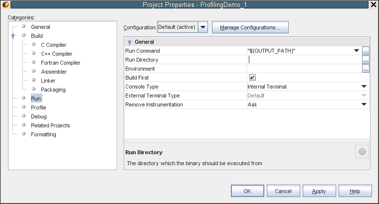 image:Run tab of Project Properties dialog box for                                 ProfilingDemo_1.