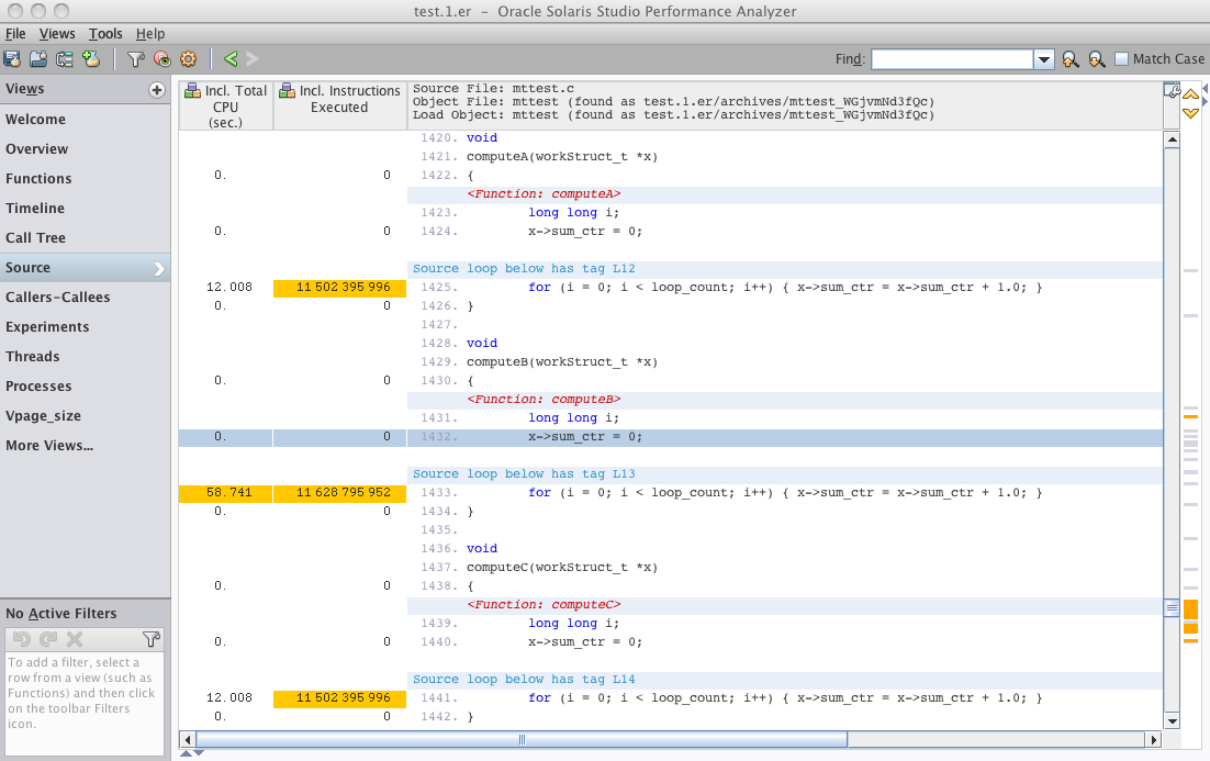 image:Source view of Performance Analyzer showing high Total CPU for                             computeB function