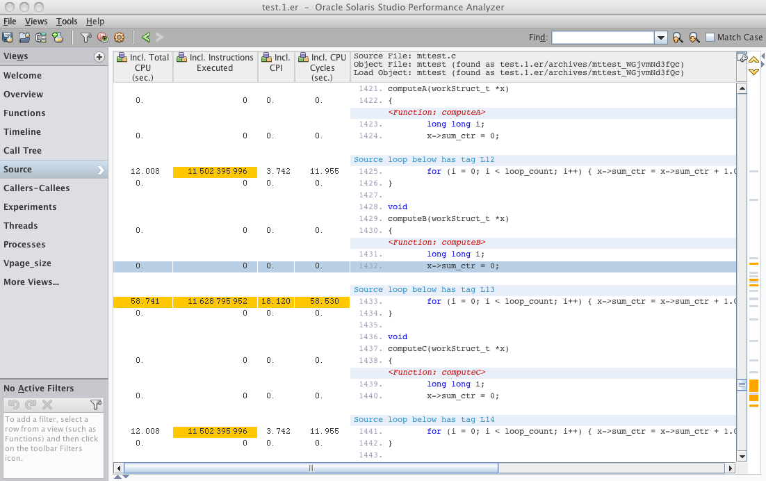 image:Source view of Performance Analyzer for function computeB