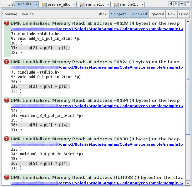 image:Code Analyzer Results tab showing six dynamic memory                                 issues