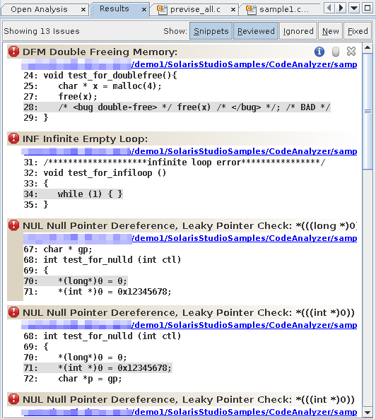 image:Code Analyzer Results tab displaying static issues