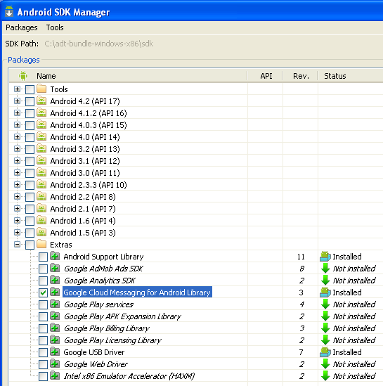 Install Google Cloud Messaging Android Library.