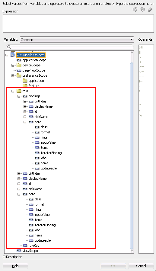 Example of the row variable contents