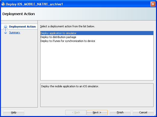 Selecting Deployment Action for iOS