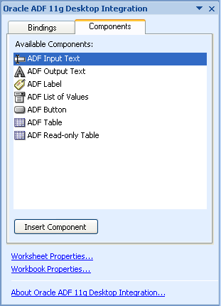 ADF Components Palette in the task pane