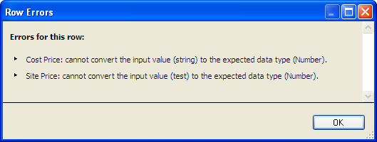 Dialog displaying row error message