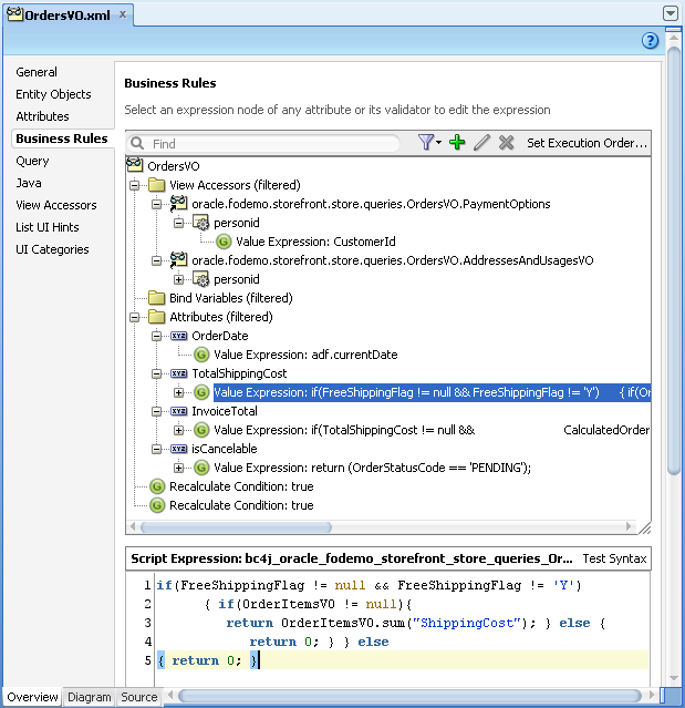 Business Rules page for a view object Business Rules page for a view object