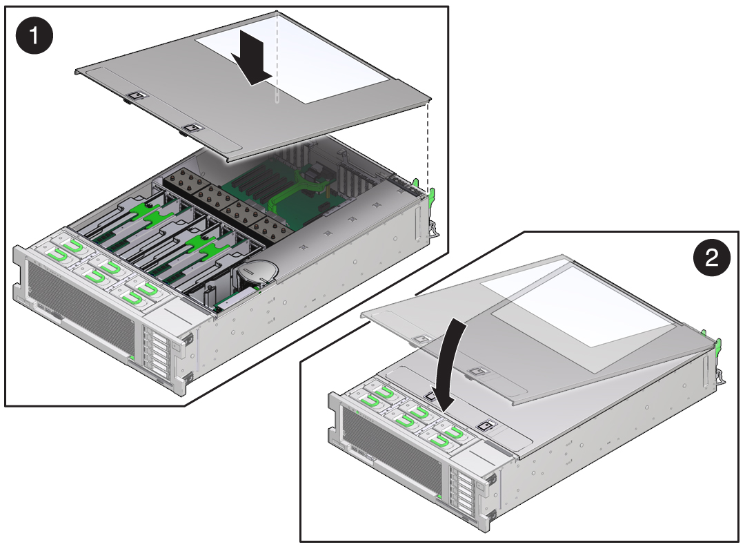 image:A multistep illustration showing how to install the server cover.