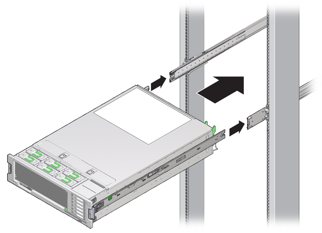 image:Graphic showing how to insert the server with mounting brackets into the slide-rails.