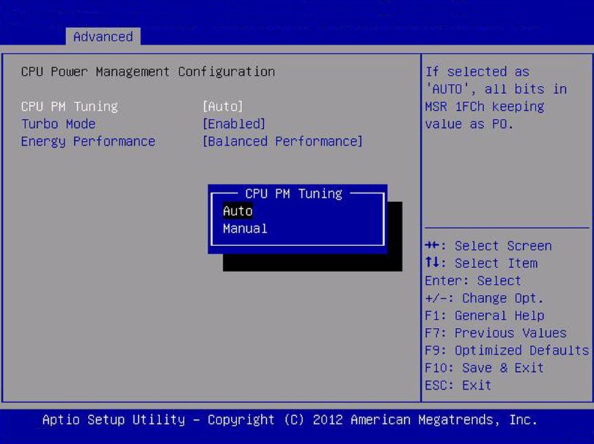 image:Screen capture showing the CPU Power Management Configuration screen.