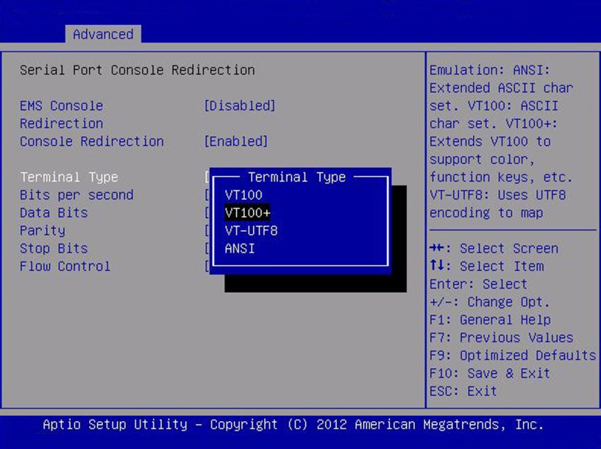 image:Screen capture showing the Serial Port Console Redirection screen.