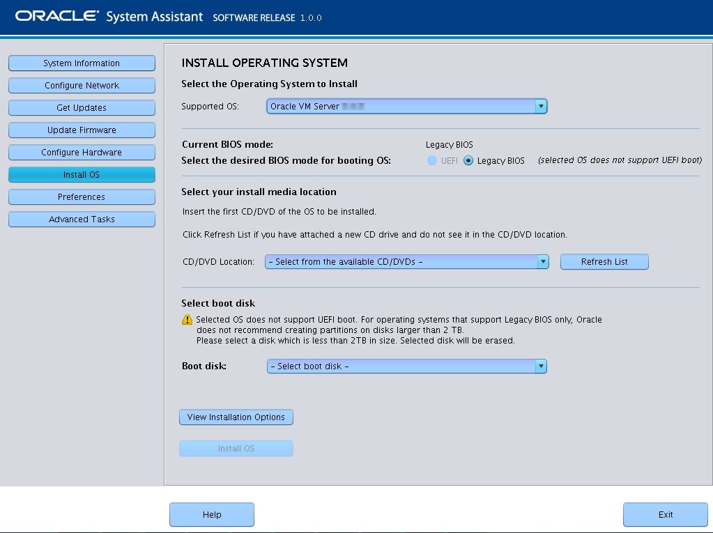 image:A screen capture showing the Oracle System Assistant Install OS screen.