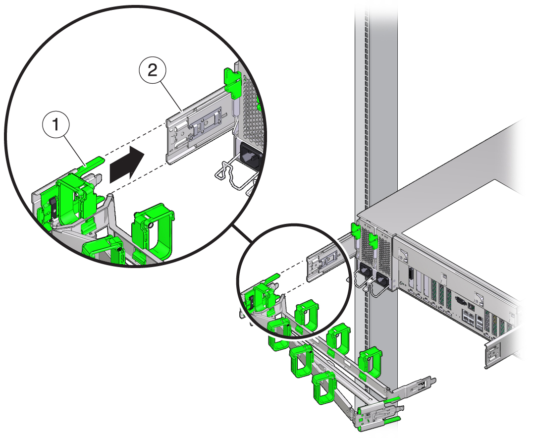 image:Graphic showing CMA slide-rail connector inserting into the back of the left slide-rail.