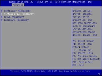 image:Graphic showing the BIOS MegaRAID Configuration menu under Advanced screen.