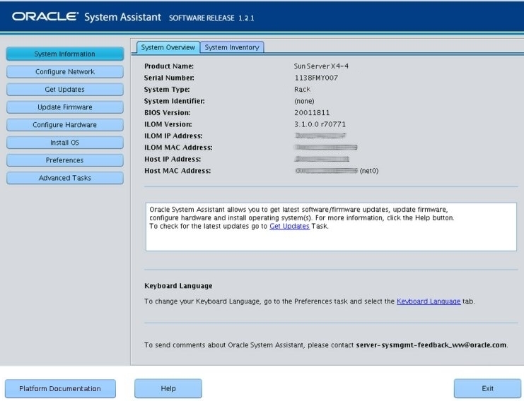 image:Oracle system assistant main screen