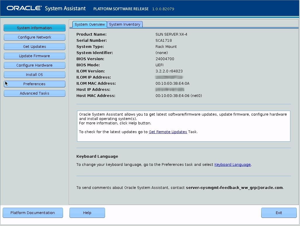 image:A screen capture showing the Oracle System Assistant main screen.