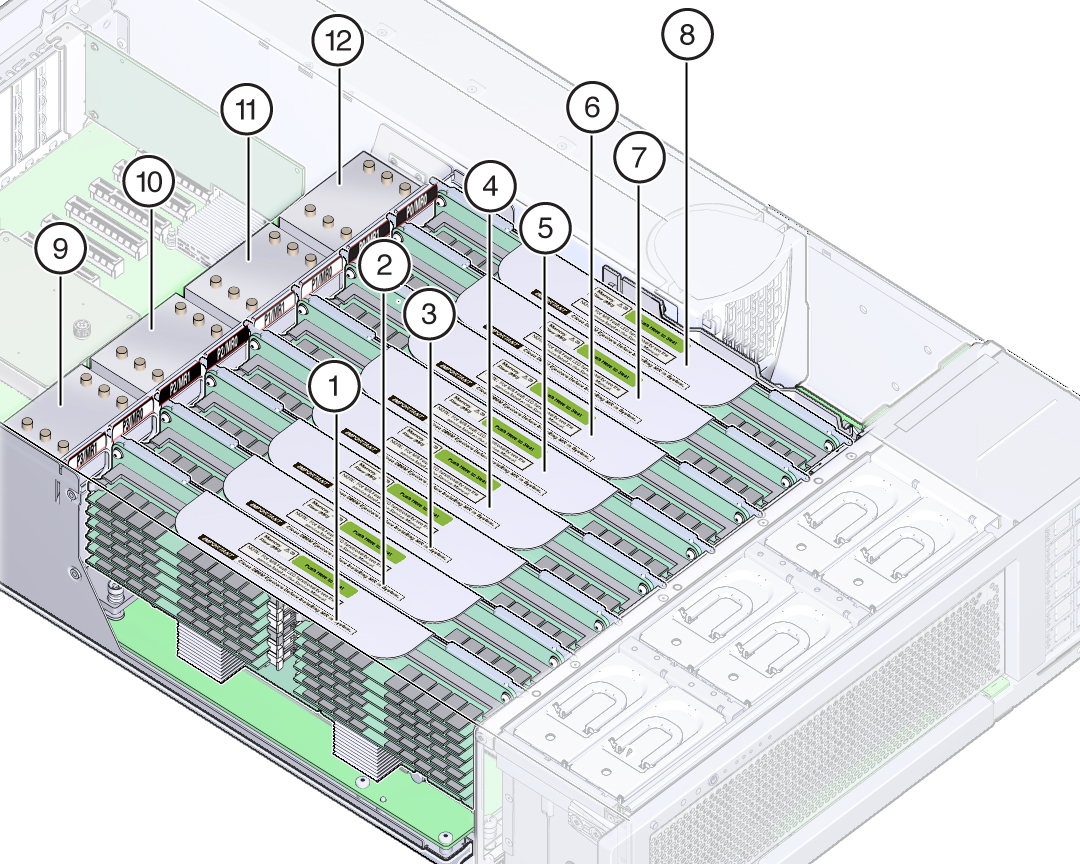 image:An illustration showing the server internals for a four-CPU server.